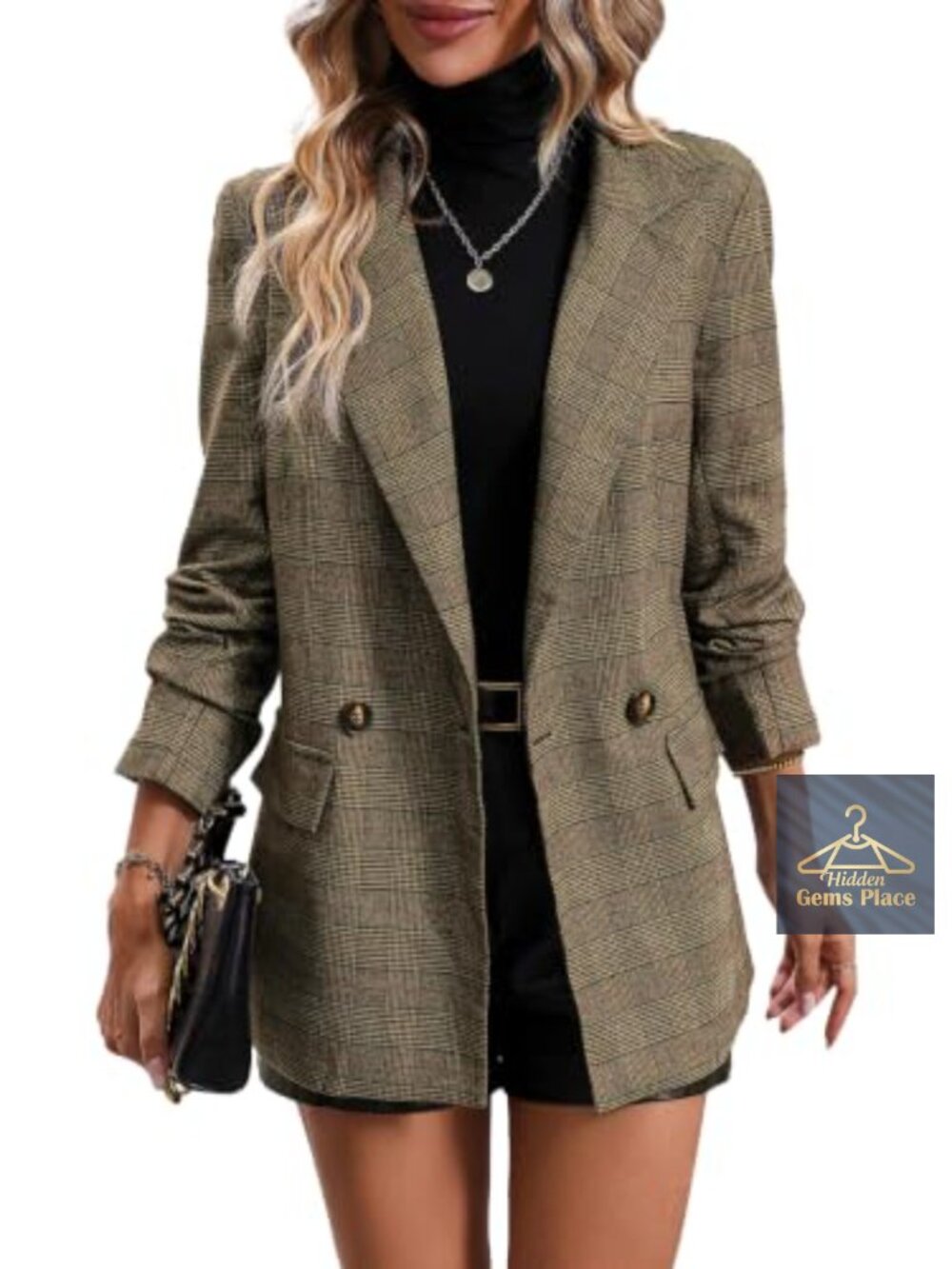 Business Casual Plaid Blazer Double Breasted Notch Lapel Long Sleeve Womens
